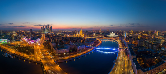 An aerial photo taken with a drone shows Moscow City skyscrapers, Moskva river and Russian government headquarters in Moscow,
