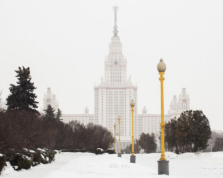The main building of the Moscow University in winter. sight of Moscow