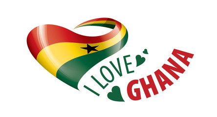 National flag of the Ghana in the shape of a heart and the inscription I love Ghana. Vector illustration