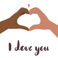 Obraz premium I love you. Hand drawn flat illustration of two hands with a heart shape and lettering. Pair of man and woman. Love couple. Card for Valentines Day. Vector greeting card for your creativity
