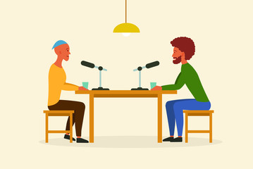 Podcast in studio. Guy and girl communicate on conceptual topics. Flat design. Vector illustrator.