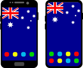 Two black smartphones with a home screen and wallpaper with the flag of Australia: old model with gray buttons and new model without buttons. Vector graphics, illustration
