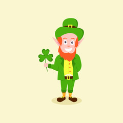 Leprechaun holds a clover. Flat character. Vector stock illustration.