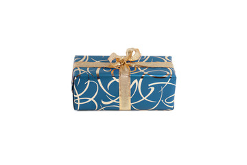 packaged rectangular gift in blue packaging with gold bow and gold pattern on the white background