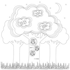 Family of owls on a tree, coloring book for children, black outline white background, vector illustration