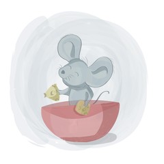 Vector Illustration Mice Eat Cheese On a Bowl On a Bowl Cute Cartoon