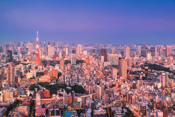 Tokyo Tower and urban skyline during golden hour
