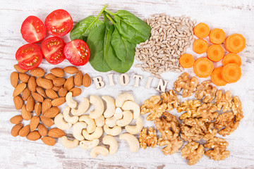 Inscription biotin with nutritious products containing vitamin B7 and dietary fiber, healthy nutrition