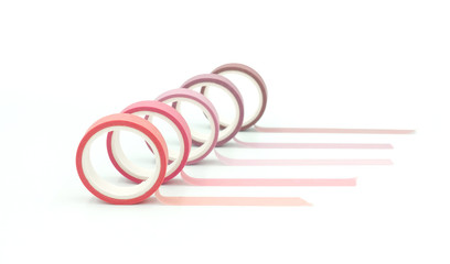 Close up side view of paper masking tape in set of pink arranging in a row and taping on board. Isolated on white background with copy space.
