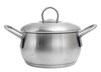 Stainless steel saucepot with lid. Sauce pot. Isolated on a white background.