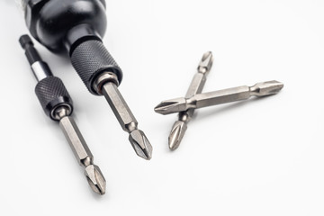 old Magnetic Impact Screwdriver Drill Bits on white background