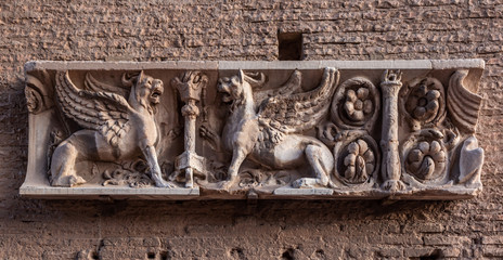 Detail of old basrelief in the Ruins of the Palace of Septimius Severus or Domus Severiana on the Palatine Hill  in  Rome, Italy