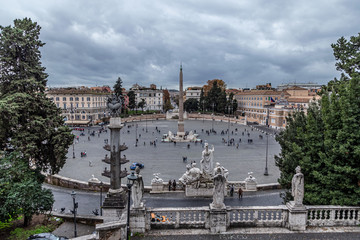 People's Square ( Piazza del Popolo ) top wiew, ( aerial view ), Egyptian obelisk of Ramesses II, Rome architecture and landmark, in Rome, Italy