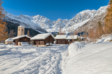 Wonderful winter landscape with snow in italian Alps. Macugnaga, Italy