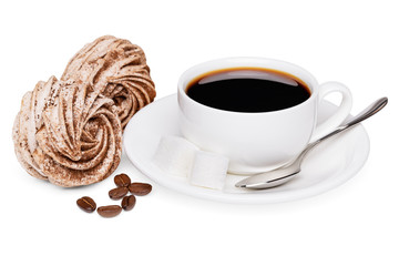 Coffee zefir, beans and a cup with sugar. Traditional russian dish like marshmallow in the beautiful shape of roses