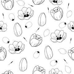 tulips seamless pattern on white background in black and white. Tulips background for packing. Hand drawn illustration of tulips. Black and white line art illustration