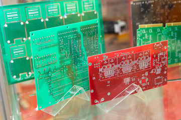 Printed circuit boards on the stand. Electronics
