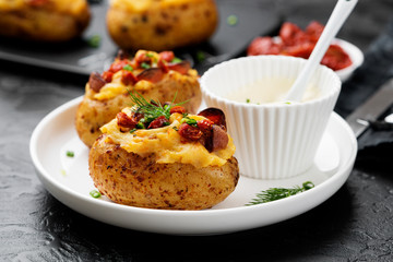 Hot baked potato topped with bacon, green onions and sun dried tomatoes.