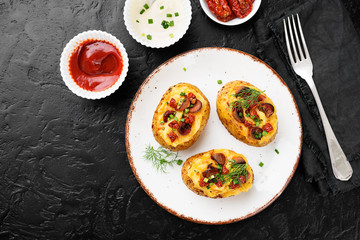 Hot baked potato topped with bacon, green onions and sun dried tomatoes. top view