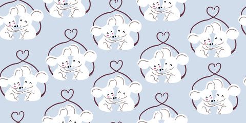 Cute mouses, love valentines day seamless pattern