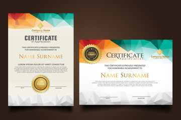 Set certificate template with dynamic and futuristic polygonal color and modern background.