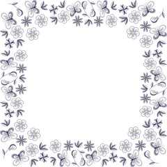 Decorative square frame seamless pattern brush with floral transparent pattern, styliz butterfly, leaves in monochronous color. Vector stock illustration, background, greeting card with place for text