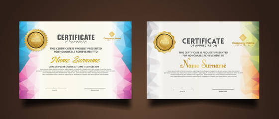 Set certificate template with dynamic and futuristic polygonal color and modern background.