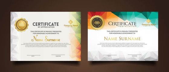 Set certificate template with dynamic and futuristic polygonal color and modern background.