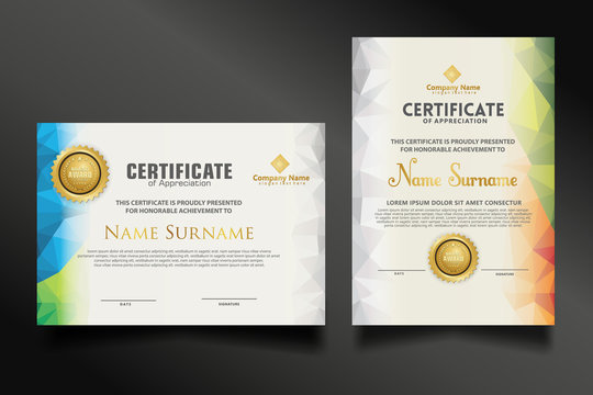 Set certificate template with dynamic and futuristic polygonal color and modern background.