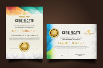 Set certificate template with dynamic and futuristic polygonal color and modern background.