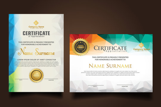 Set certificate template with dynamic and futuristic polygonal color and modern background.