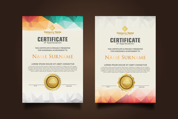 Set certificate template with dynamic and futuristic polygonal color and modern background.