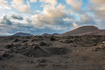 Volcanic landscape of Timanfaya National Park on island Lanzarote, Canary Islands.