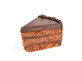 Piece of tasty chocolate cake isolated on white