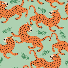 Seeamless pattern background with leopards, in popular art style, save the wild concept