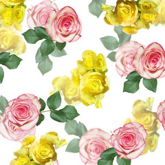 Fototapeta premium Beautiful floral background of yellow begonia and pink roses. Isolated