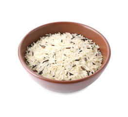 Mix of brown and polished rice in bowl isolated on white