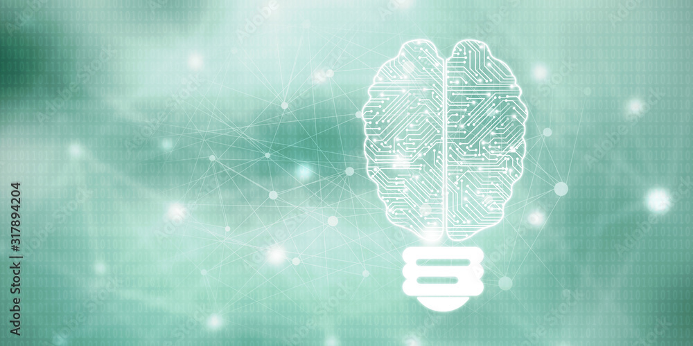 Poster 2d illustration concept of thinking, background with brain, abstract artificial intelligence. techno