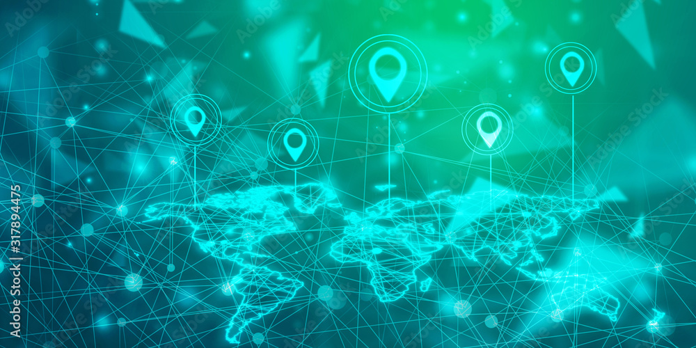 Fototapete 2d rendering red map pointer with world map