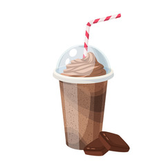 Colorful fruit milkshake design. Plastic cup with lid and straw, full of chocolate milk shake. Vector illustration cartoon flat icon isolated on white.