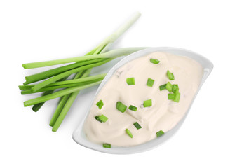 Fresh sour cream with onion on white background