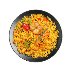 Tasty rice pilaf with vegetables isolated on white, top view