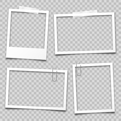Realistic empty photo card frame, film set. Retro vintage photograph with transparent adhesive tape and paper clip. Digital snapshot image. Template or mockup for design. Vector illustration. - obrazy, fototapety, plakaty