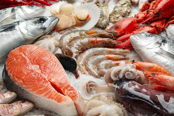 Fresh fish and seafood on ice, closeup