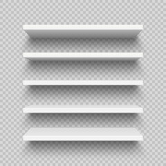 Realistic white wall shelf collection on checkered background. Empty store rack. Vector illustration.