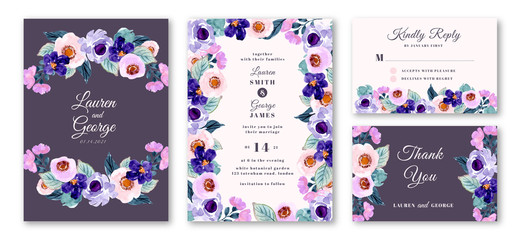 wedding invitation set with purple floral watercolor