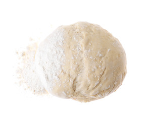 Raw dough for pastries and flour isolated on white, top view