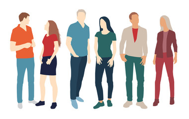 Silhouettes of men and women, different colors, cartoon character, group of standing business people, flat icon design concept isolated on white background