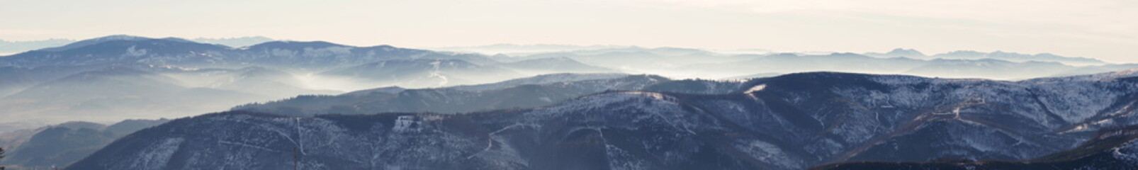 Panorama Beskid slaski . Mountain view from Skrzyczne peak in Szczyrk, Silesian region, Poland on a...