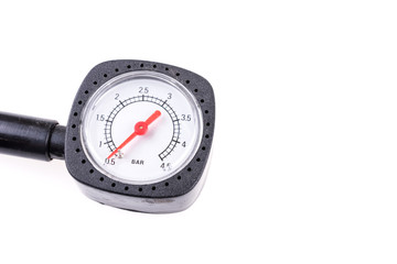 Pressure gauge for measuring air pressure in automobile tires isolated on white background